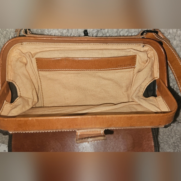 Paco Lobo Cognac Leather Black Nylon Crossbody Bag Adjustable Strap Purse - Picture 16 of 16